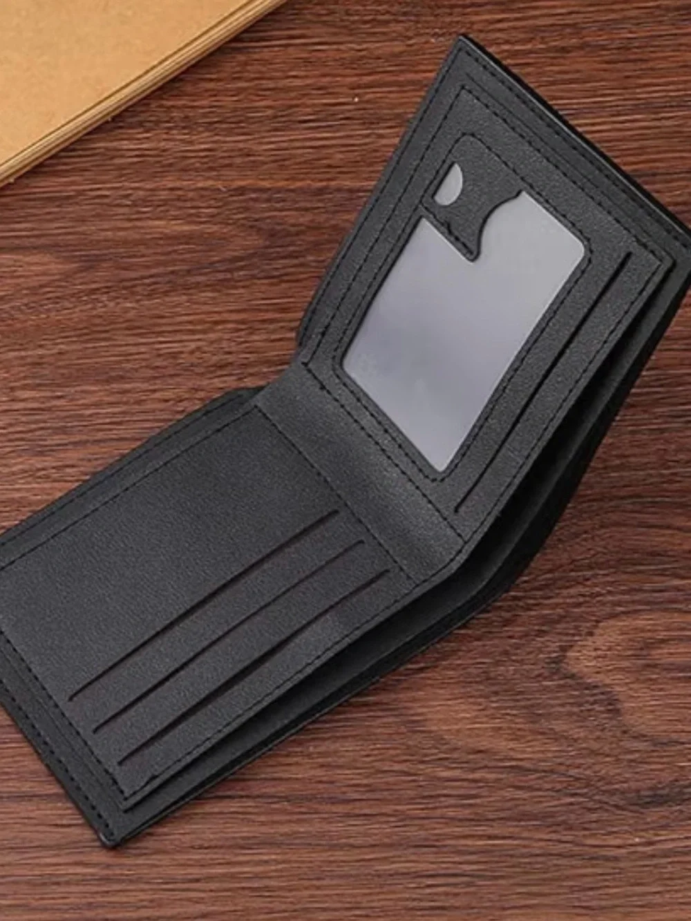 Men's Black Bifold Wallet with Metal Logo Plate Slim Design Black Leather